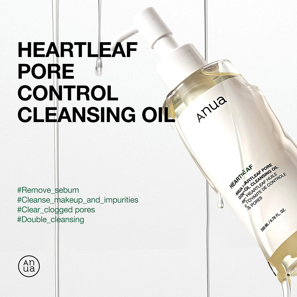 ANUA Heartleaf Pore Control Cleansing Oil 200 ml — flacon cu pompă pe fundal alb beneficii en