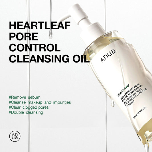 ANUA Heartleaf Pore Control Cleansing Oil 200 ml — flacon cu pompă pe fundal alb beneficii en