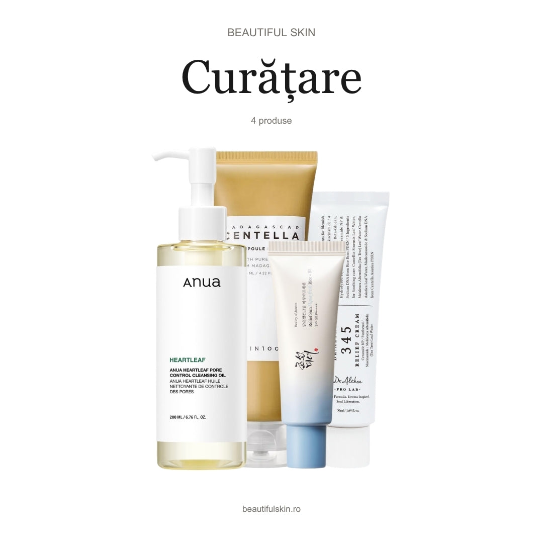 Rutina K-Beauty Curățare Beautiful Skin — ulei ANUA Heartleaf, spumă Centella SKIN1004, cremă Dr. Althea 345 și SPF Beauty of Joseon Aqua-Fresh