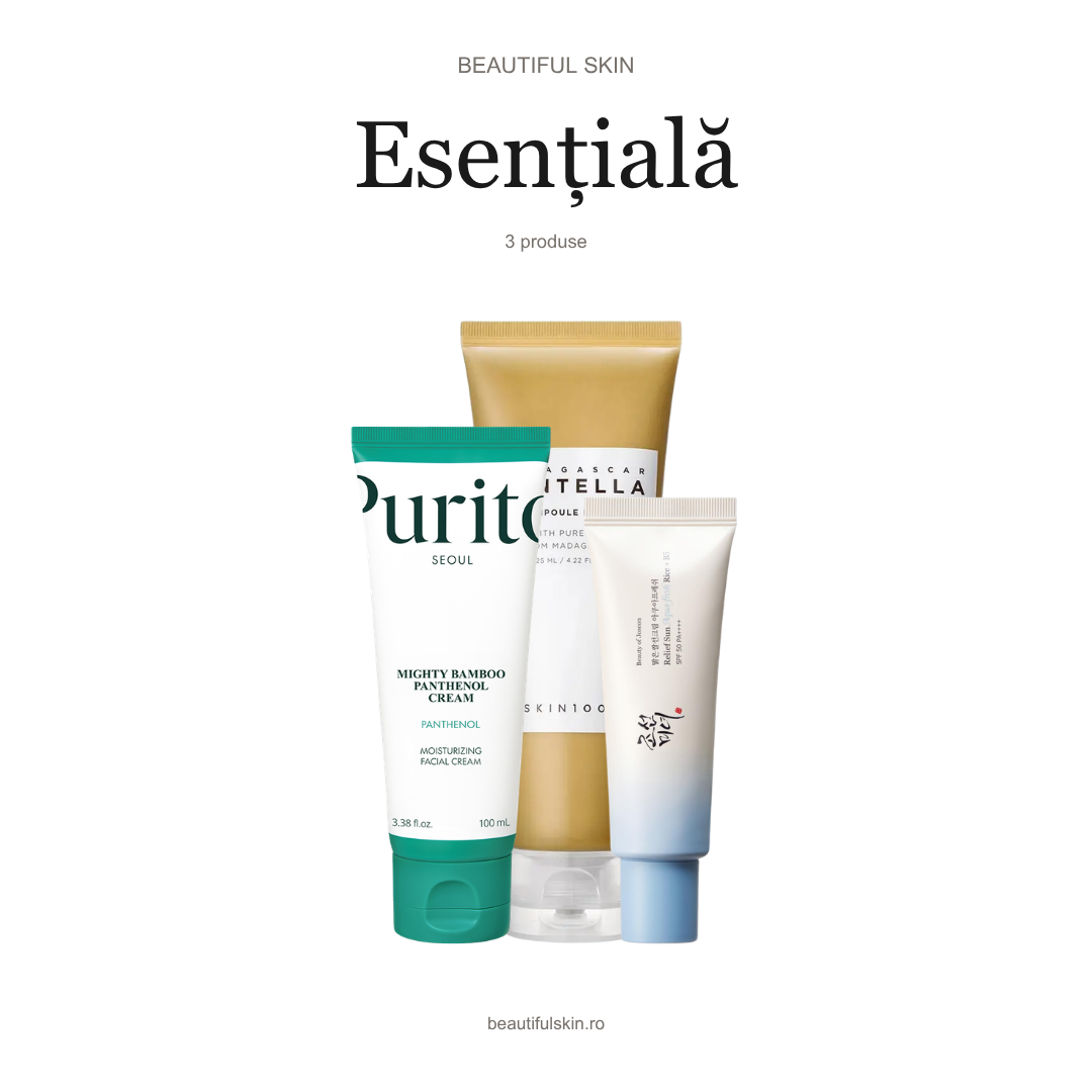 Rutina K-Beauty Esențială Beautiful Skin — spumă SKIN1004 Madagascar Centella, cremă PURITO Mighty Bamboo Panthenol și SPF Beauty of Joseon Aqua-Fresh