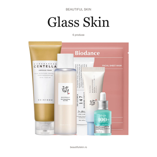 Rutina K-Beauty Glass Skin Beautiful Skin — spumă SKIN1004, toner Rice Milk, ser ANUA PDRN, cremă Dr. Althea 147, SPF Aqua-Fresh și mască BIODANCE