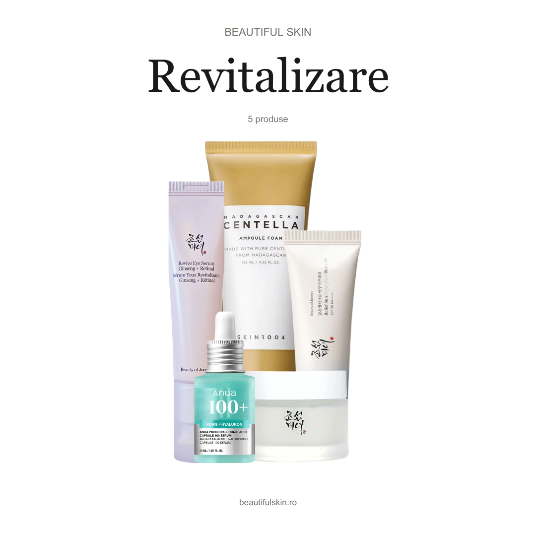 Rutina K-Beauty Revitalizare Beautiful Skin — spumă SKIN1004, ser ANUA PDRN, ser de ochi Revive Ginseng + Retinal, cremă Dynasty și SPF Aqua-Fresh