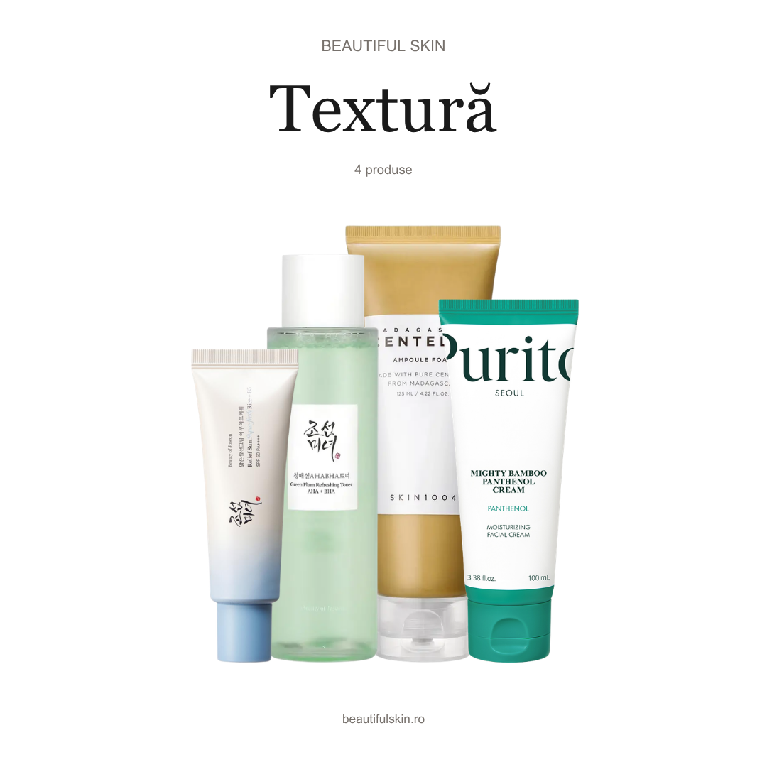 Rutina K-Beauty Textură Beautiful Skin — spumă Centella SKIN1004, toner Green Plum AHA + BHA, cremă PURITO Mighty Bamboo și SPF Beauty of Joseon Aqua-Fresh