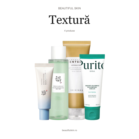 Rutina K-Beauty Textură Beautiful Skin — spumă Centella SKIN1004, toner Green Plum AHA + BHA, cremă PURITO Mighty Bamboo și SPF Beauty of Joseon Aqua-Fresh