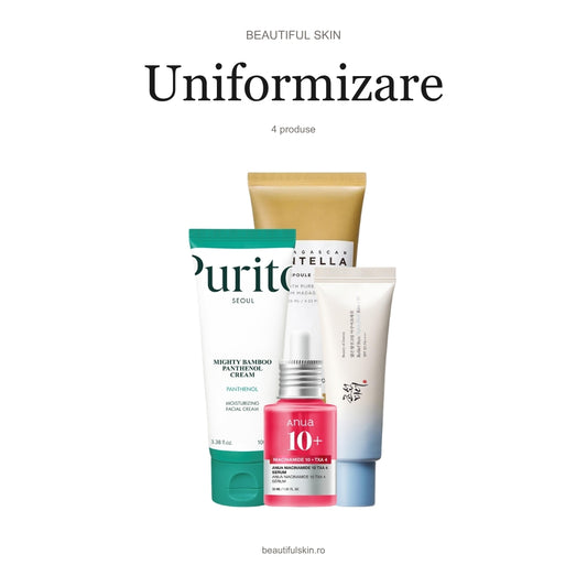 Rutina K-Beauty Uniformizare Beautiful Skin — spumă Centella SKIN1004, ser ANUA Niacinamide 10% + TXA 4%, cremă PURITO Mighty Bamboo și SPF Beauty of Joseon