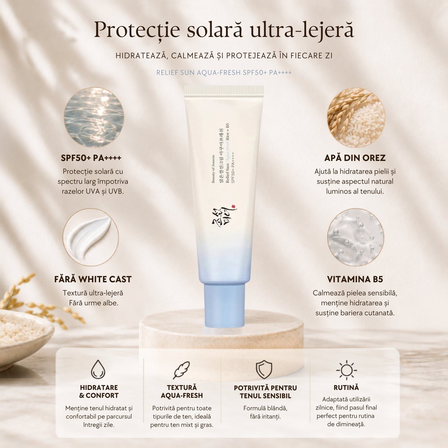 Beauty of Joseon Relief Sun Aqua-Fresh SPF50+ PA++++ – beneficii, apă din orez și Vitamina B5