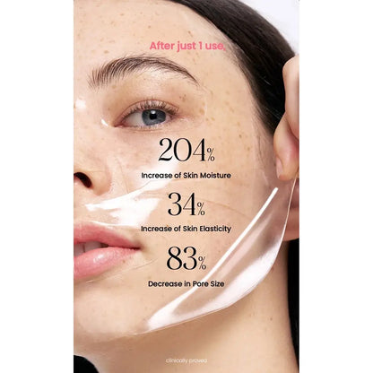 Biodance Bio-Collagen Real Deep Mask – îndepărtarea măștii hidrogel, cu infografic despre hidratare, elasticitate și aspectul porilor
