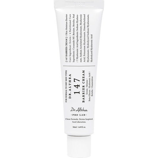 Dr. Althea 147 Barrier Cream 50 ml – formula nouă cu ectoin, betaină și beta-glucan, tub pe fundal alb